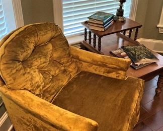 Arm chair and side table; brass lamp