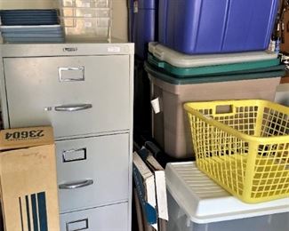 File cabinet; plastic containers