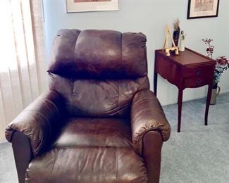 Lazy Boy Leather reclining chair, vintage Mahogany side table, signed artwork
