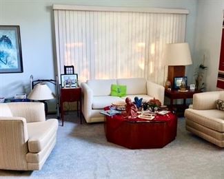 Matching reupholstered barrel chairs, coffee table, loveseat, artwork, lamps, etc.