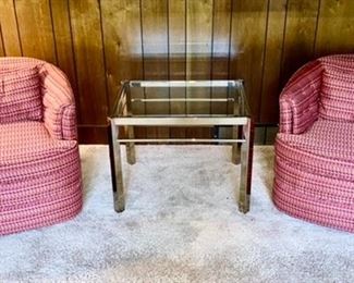 Mid Century matching barrel chairs are SOLD, vintage Mid Century metal/glass side table