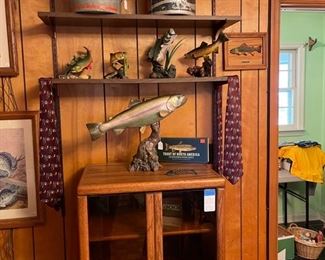 Mounted fish, vintage bait cans
