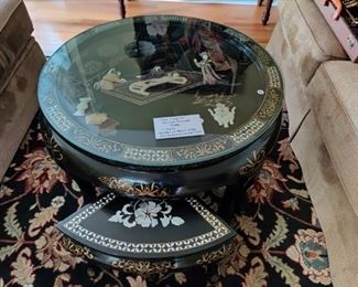 Stunning Chinese Laquered table with carved scene and Mother of Pearl inlay
