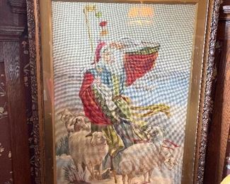 Large needlepoint of Santa Claus on stand