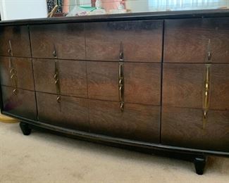 Mid-Century Modern Kent Coffey 9-drawer dresser with mirror.
