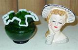 Fenton Dark Green Snowcrest Vase - Lady Head Vase