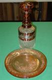 Glass Decanter & Pink Depression Plates