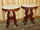 Pair Of Mahogany Oval Marble Top Lamp Tables