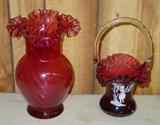 Cranberry Glass Vase & Basket