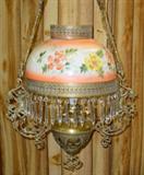 Early Brass Hanging Light w/Glass Prisms - Ornate w/Lady Figurals