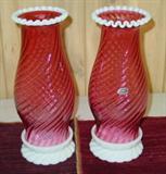 Pair of Fenton Cranberry Hurricane Lamps
