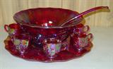 Red Carnival Glass Punch Bowl Set