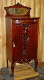 Mahogany Sheet Music Cabinet w/Mirror & Carved Lady On Door