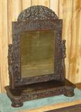 Very Ornate Oak Mirror W/Carved Figures & Drawer In Bottom