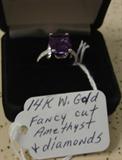 14K White Gold, Fancy Cut Amethyst & Diamond Ring