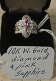 10K White Gold, Diamond & Pink Sapphire Ring