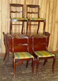 Mahogany Drop Leaf Dining Table w/2 Leaves, Pads & 6 Rose Back Chairs