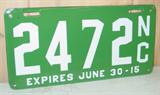 Porcelain 1915 NC License Plate