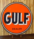 66" Porcelain Double Sided GULF Dealer Sign w/Mounting Ring & Dated 1958 (Both Sides In Nice Condition)
