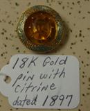 18K Gold Pin w/Citrine (Pin Dated 1897 On Back)