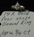 14 K Gold Pear Shape Diamond Ring (Approx.3/4 CT)