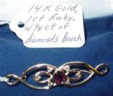 14 K Gold, 1 CT Ruby with 1/4 CT of Diamonds Brooch