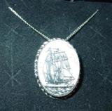 Scrimshaw Ivory Pin/Pendent in Sterling Bezel & Chain