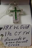 18K White Gold,Diamond & Green Garnet Cross Pendent