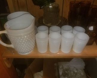 Hobnail Milk Glass Pitcher and Tumblers