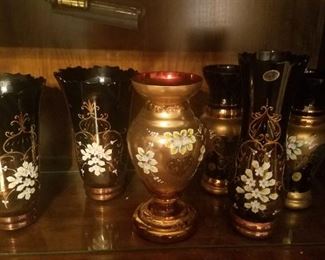 6 large pieces of bohemian glass with boxes