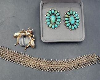 Sterling jewelry - bee from Trifari, Native American and turquoise earrings, and a bracelet