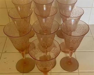 Vintage Pale Pink Etched Wine Water Goblets