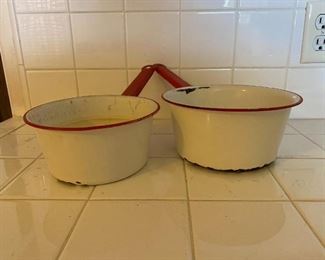 Pair of Vintage Red White Enamel Pots