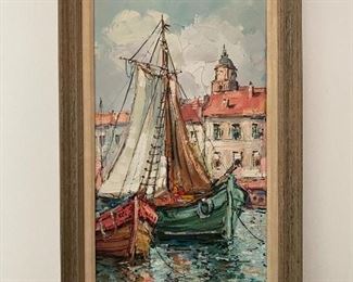 Colorful Sail Boat Fishing Village Oil Painting Signed