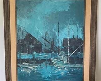 Vintage Mid Century Teal Blue Nautical Wharf Fishing Village Oil Painting Charles Beauvis