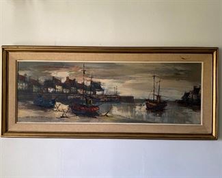 Mid Century Vintage Seaside Town Harbor Nautical Oil Painting by M. Edward Griff