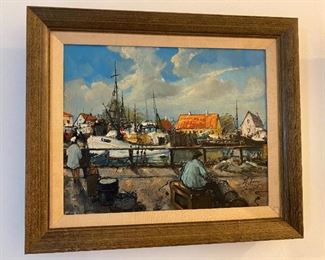 Vintage Mid Century Nautical Seaside Fishing Village Framed Oil Painting