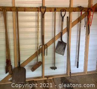 All Garden Tools Hanging in Shed
