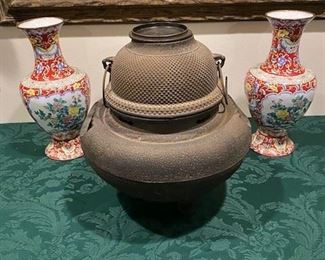 Oriental iron pot and enamel vases