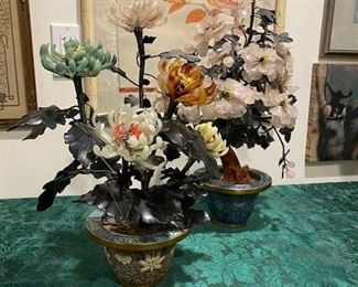 Chinese jade trees with cloisonne pots