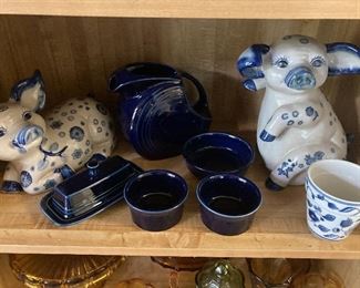 Deep  Blue pieces are Fiesta Ware. Butter dish 18.00 pitcher $ 25.00 small bowls 8.00 each.  Sweet adorable pigs $ 15.00 each  . Small vase 5.00