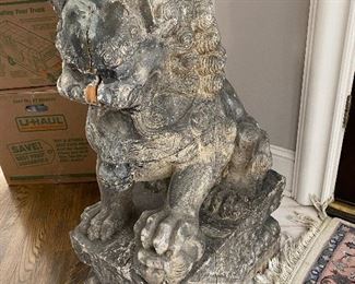 Pair of foo dogs- wood. This one as is . From Davishire. 3 feet tall, 20 inches deep, 13 inches wide.