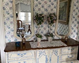 American of Martinsville white and blue dresser with 2 mirrors
