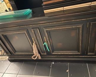 Councill cabinet and hutch. wood shelves with glass inserts. 2 pieces