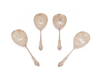 1006
Four English Sterling Silver Berry Spoons
1898
Marked for London / 1898 / J.W. and F.C.W. [James Wakely and Frank Clarke Wheeler]
Each berry spoon with repousse bowl decorated with floral rocaille motifs and a putto mask to the handle, 4 pieces
Each: 6.75" L x 2.125" W
5.685 oz. troy approximately
Estimate: $200 - $300