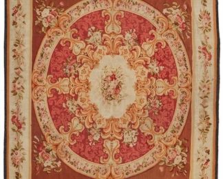 1012
An Aubusson Area Rug
19th Century
The wool rug with overall floral sprays with acanthus leaves and scrolls on a mauve, ivory, and tan field
123" L x 110" W
Estimate: $600 - $800