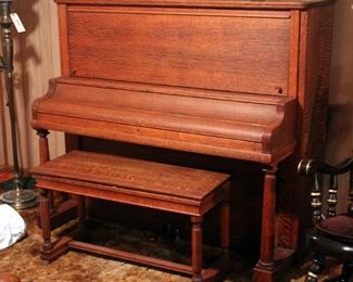 Early 1900s Hinze/Kimball Upright Piano, No 76793, In Tiger Oak, With Matching Piano Bench, Totally Refurbished, 52.5" x 61" x 26.5"