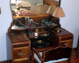 Antique Solid Wood Waterfall Styled Vanity, With 4 Drawers, Mirror, 70" x 47" x 19", And Upholstered Chair