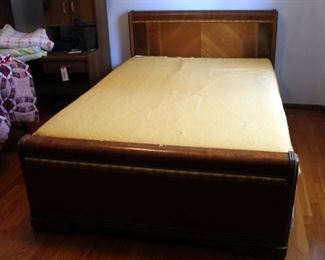 Antique Solid Wood Waterfall Styled Full Size Bed, Including Headboard, 40" x 56" Footboard, Mattress, Box Springs, Side Rails, And Bedding