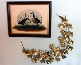 Framed Hand Painted Oil On Canvas Painting Depicting Geese By Artist Tovar,, 13.25in x 16.26in With Copper Leaf And Butterfly Wall Decor